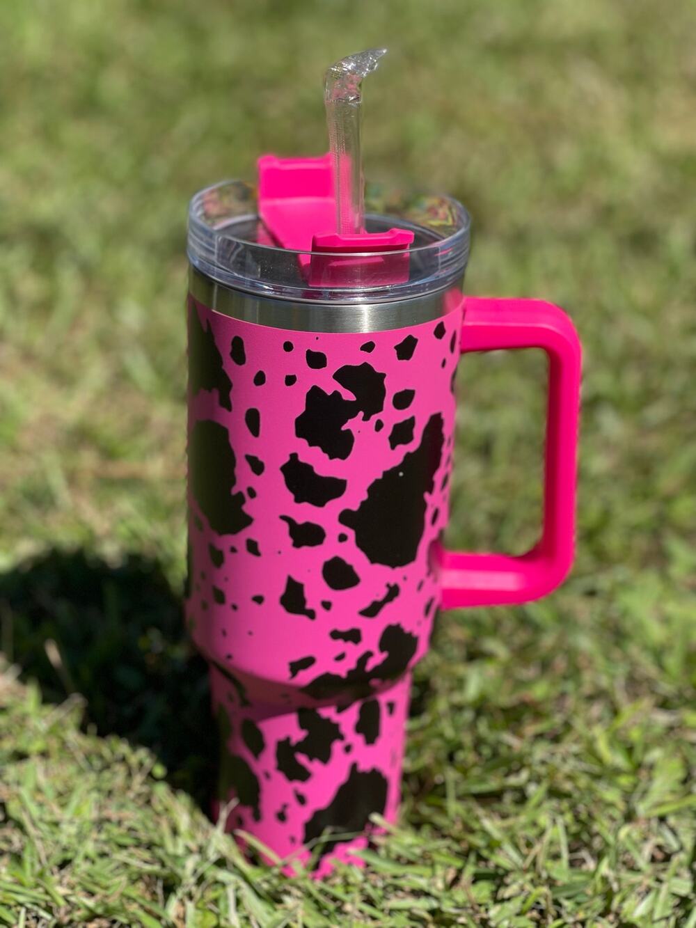 40oz Hot Pink Cow Print Stainless Steel Tumbler w/ handle and straw